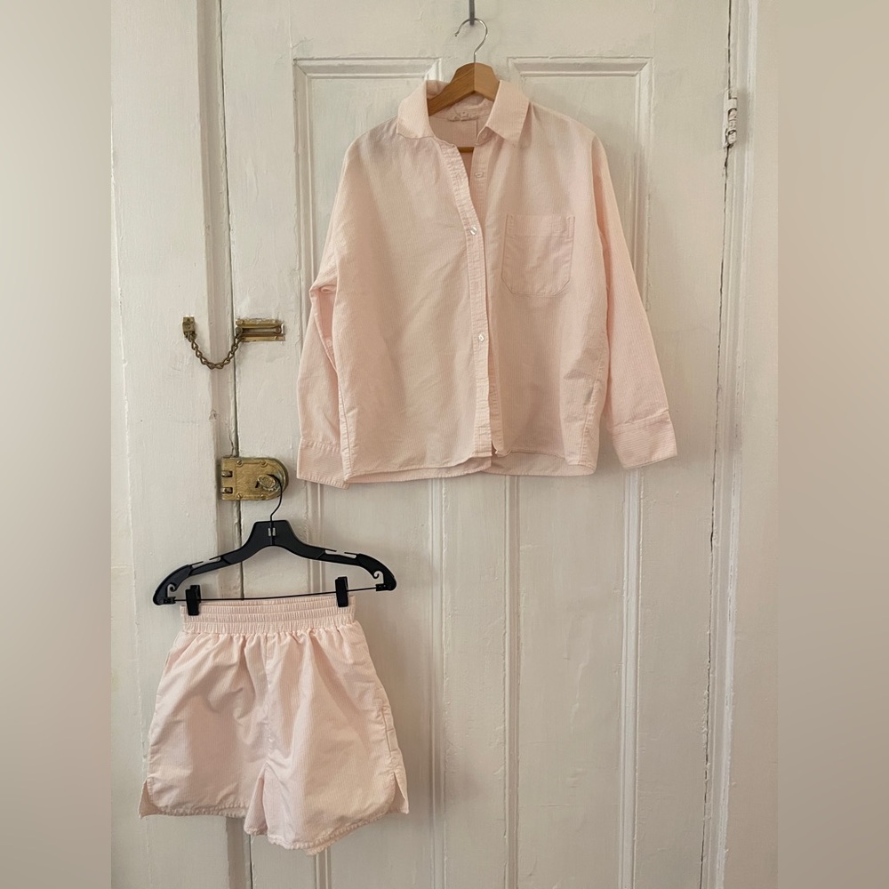 Djerf Avenue Breezy Shirt + Shorts Set Pink Stripe in S
